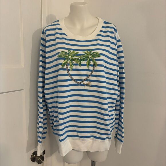 Lilly Pulitzer size Large Beaded Palm Tree Striped Beach Pullover Crewneck - Picture 1 of 7